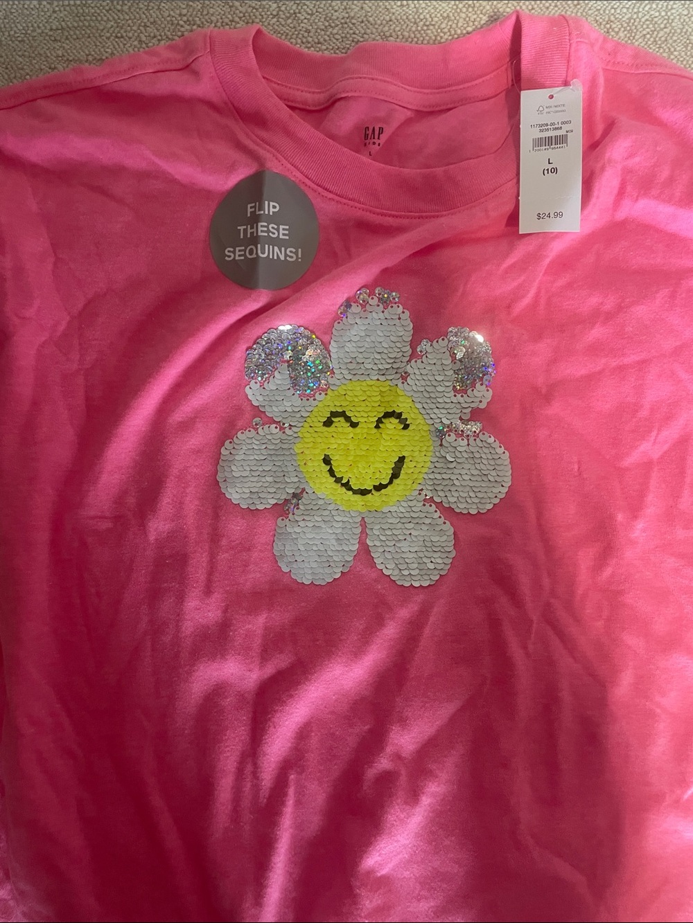 GAP Bright Pink Flip-Sequin Daisy Smiley Tee